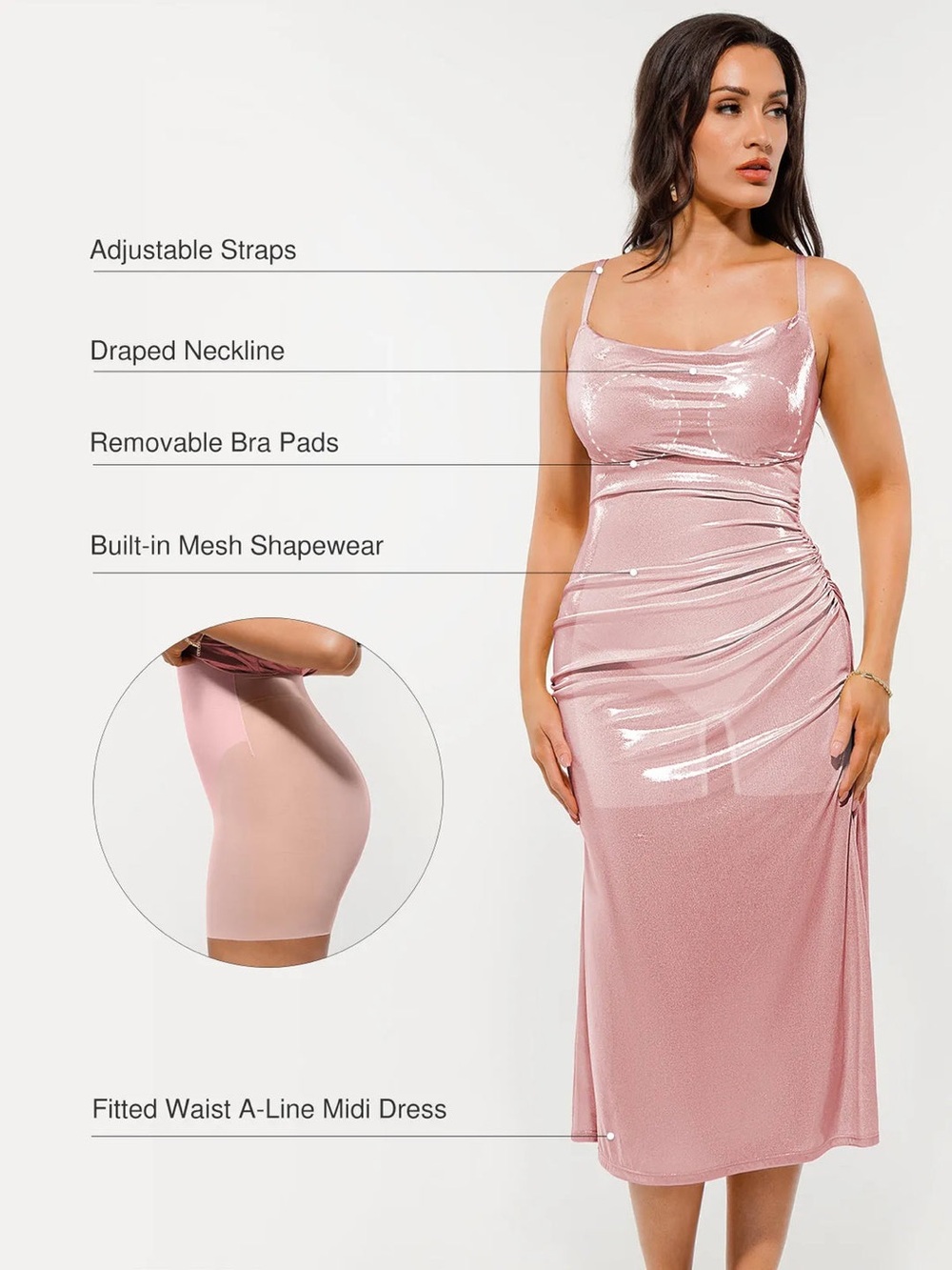 Popilush Metallic Cowl Neck Side Ruched Sculpting Tummy Control Midi Dress